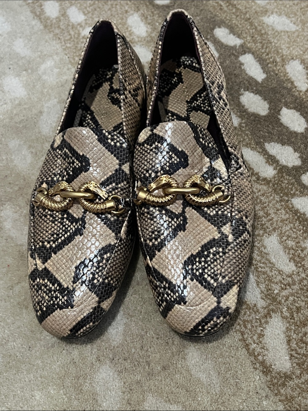 Tory Burch Snake-Print Loafers with Gold Chain - Beige/Black